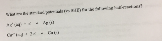 What are the standard potentials (vs SHE) for the following half-reactions ? Ag (aq)e Ag (s) Cu2 (aq)2 e Cu (s)