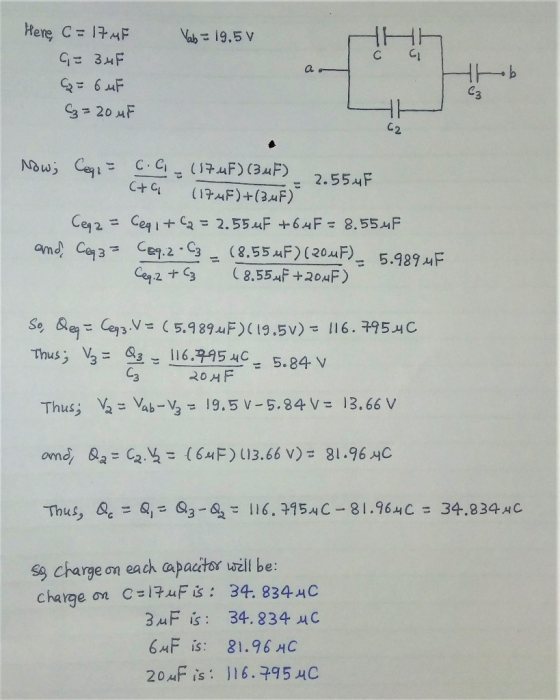 Vab= 19.5v с с Here, C-17 uF C = ЗАР Q = 6 uf = 20 uF Now; Ceqi - C.C1 (174F) (34F) 2.554F CAG (17MF)+(3 uF) Ceqa = Ceqi + C2