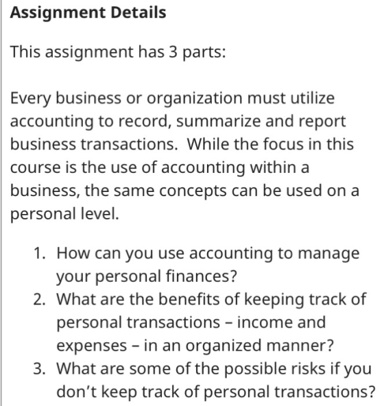 Assignment Details | This assignment has 3 parts: Every business or organization must utilize accounting to record, summarize