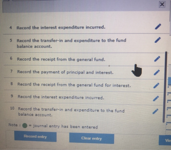 4 Record the interest expenditure incurred. 5 Record the transfer-in and expenditure to the fund balance account. 6 Record th