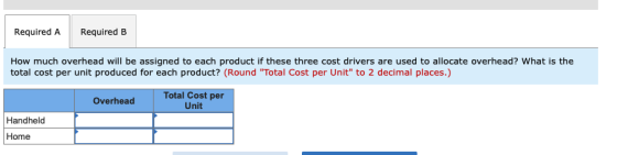 Required A Required B How much overhead will be assigned to each product if these three cost drivers are used to allocate ove