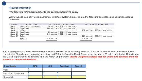 Required information [The following information applies to the questions displayed below.] Warnerwoods Company uses a perpetu