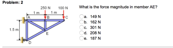 Problem: 2 250N 100 N What is the force magnitude in member AE? 1 m 1 m a. 149 N b. 162 N c. 301 N d. 208 N e. 187 N 1.5 m За