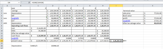 114 А H 1 Less 77,531.00 for =SUM(C14:H14) B year savings $ depreciation $ EBT | $ tax@36% [$ EAT $ depreciation | $ Operatin