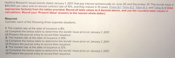 Hartford Research issues bonds dated January 1, 2017, that pay interest semiannually on June 30 and December 31. The bonds ha