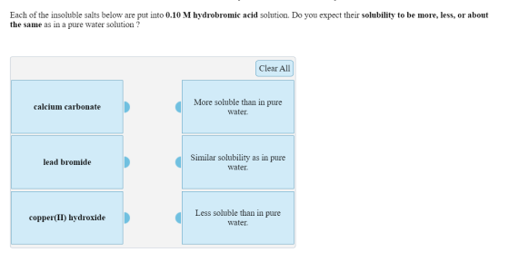 Each of the insoluble salts below are put into 0.10 M hydrobromic acid solution. Do you expect their solubility to be more, l