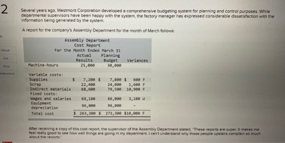 Several years ago, Westmont Corporation developed a comprehensive budgeting system for planning and control purposes. While d