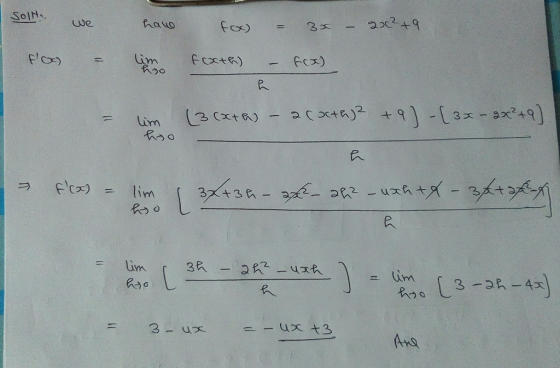 SolN.. we have fox) 30 20² +9 floo) lim froth) fox) h lim hoo (3 exta) - 200thy? +9] - [3x - 20x² +9) h > lim 3x+3h x_ ap? -