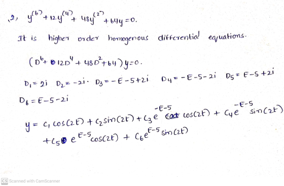 2, y(b?+12ycu? (2) + usy +644 =0. It is higher order homogenous differential equations. (0+ 0 12D 0 120+ 48 D D²+64)y=0. Dy=-