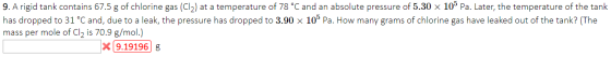 9. A rigid tank contains 67.5 g of chlorine gas (Cl2) at a temperature of 78 °C and an absolute pressure of 5.30 x 10 Pa. Lat