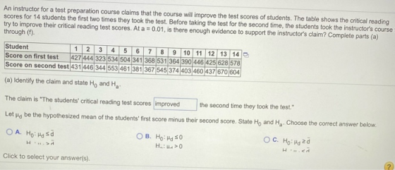 An instructor for a test preparation course claims that the course will improve the test scores of students. The table shows