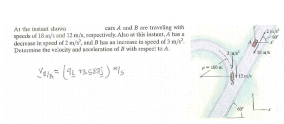 cars A and B are traveling with At the instant shown speeds of 18 m/s and 12 m/s, respectively. Also at this instant, A has a decrease in speed of 2 m/s2, and B has an increase in speed of 3 m/s Determine the velocity and acceleration of B with respect to A. nl 60 3 m/s18 m/s p 100 m 12m/s 60° ? ???