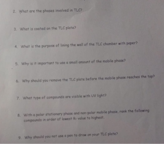 2. What are the phases involved in TLC? 3. What is coated on the TLC plate? 4. What is the purpose of lining the wall of the