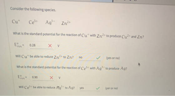 Consider the following species. Cut Ce3+ Ag+ Zn2+ What is the standard potential for the reaction of Cut with Zn2+ to produce