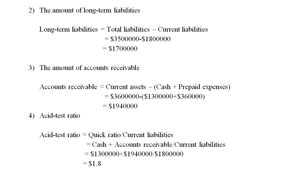 2) The amount of long-term liabilities Long-term liabilities = Total liabilities – Current liabilities = $3500000-$1800000 =