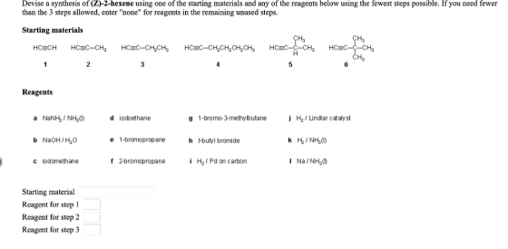 Devise a synthesis of (Z)-2-hexene using one of the starting materials and any of the reagents below using the fewest steps p