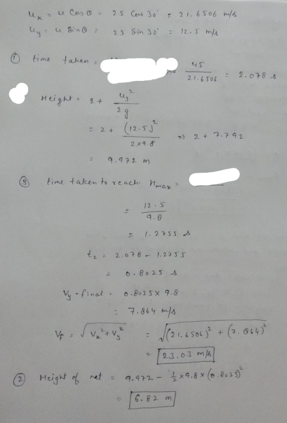 ime taken 45 21.6506 = 2.078-8 ะ 2+ (12.FJ ,) 2+7.792 : 9.992m tint taken ta ve ach, hmax 12 S 9.8 t,2.78-1.23s : o 8023 7867 23.o3 m 2) Height efnet : 6. 82 m