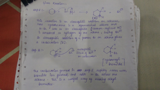Giuen Reaction :- strpI: H-BL: BA This eaction is an electiophilie addition en alkenes, dynurvetcical alkene and an elecudphi