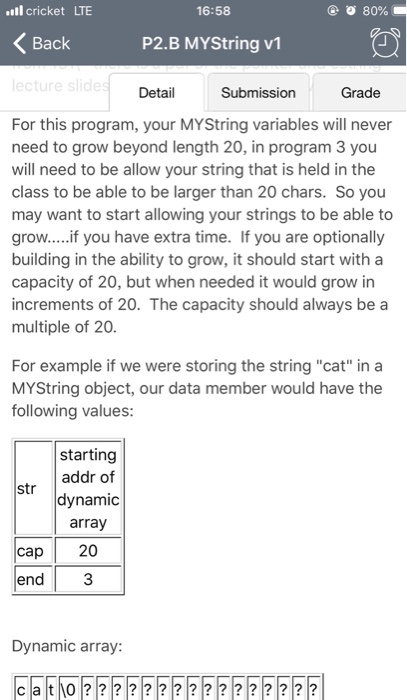 ll cricket LTE 80% 16:58 Back P2.B MYString v1 Detail Submission Grade For this program, your MYString variables will never n