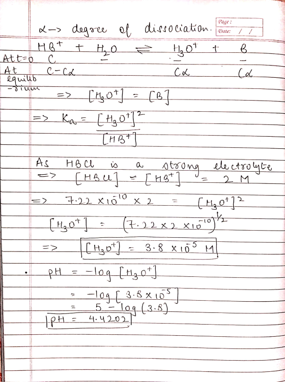 Date: x-> degree of Hot + H₂O dissociation. Page: 1 È H₂Ot & B Attro At . equillb C e-ca -owme => [hot] = [B1 => Ka= [H₃O+] ²