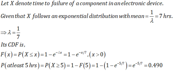 Let X denote time to failure of a component in an electronic device. 1 Given that X follows an exponential distribution with mean.. 7 hrs. 1 Its CDF is, F(x)-P(X x)-1-e-x-1-e-x/7 ,(x〉0) P(atleast 5 hrs)-P(x25)-1-F(5)-1-(1-0.490
