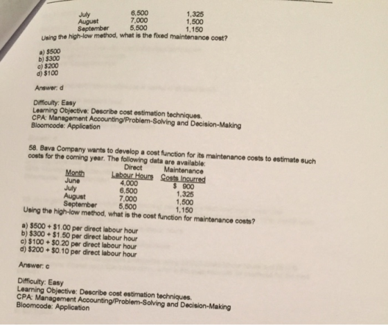 July August September 6,500 7,000 5,500 1,325 1,500 1,150 Using the high-low method, what is the fixed maintenance cost? a) $500 b) $300 c) $200 d) $100 Answer: d Difficulty: Easy Learning Objective: Describe cost estimation techniques. CPA: Management Accounting/Problem-Solving and Decision-Making 58. Bava Company wants to develop a cost function for its maintenance costs to estimate such costs for the coming year. The following data are available: Direct Maintenance Month June July August September 4,000 6,500 7,000 5,500 $ 900 1,325 1,500 1,150 Using the high-low method, what is the cost function for maintenance costs? )$500+$1.00 per direct labour hour b) $300 +$1.50 per direct labour hour )$100+$O.20 per direct labour hour d) $200+$O.10 per direct labour hour Answer: c Difficulty: Easy Learning Objective: Describe cost estimation techniques. CPA: Management Accounting/Problem-Solving and Decision-Making Bloomcode: Application