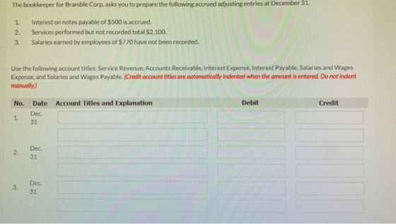 The bookkeeper for Bramble Corp. asks you to prepare the following accrued adjusting entries at December 31. Interest on note