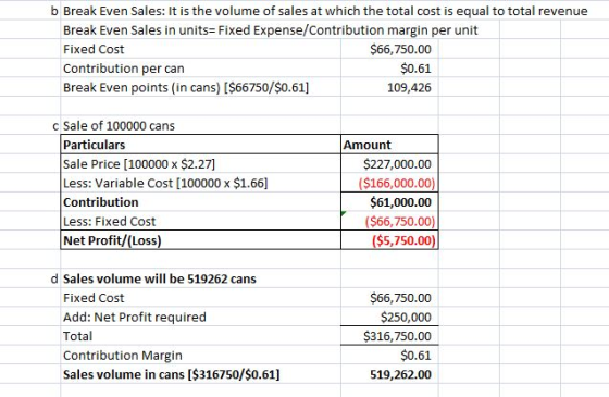 b Break Even Sales: It is the volume of sales at which the total cost is equal to total revenue Break Even Sales in units Fixed Expense/Contribution margin per unit Fixed Cost Contribution per can Break Even points (in cans) [$66750/$0.61] $66,750.00 $0.61 109,426 c Sale of 100000 cans Particulars Sale Price [100000 x $2.27] Less: Variable Cost [100000 x $1.66] Contribution Less: Fixed Cost Net Profit/(Loss Amount $227,000.00 $166,000.00 $61,000.00 ($66,750.00 $5,750.00 d Sales volume will be 519262 cans Fixed Cost Add: Net Profit required Total Contribution Margin Sales volume in cans [$316750/$0.61] $66,750.00 $250,000 $316,750.00 $0.61 519,262.00