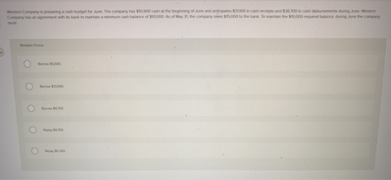 Western Company is preparing a cash budget for June. The company has $10,900 cash at the beginning of June and anticipates $3