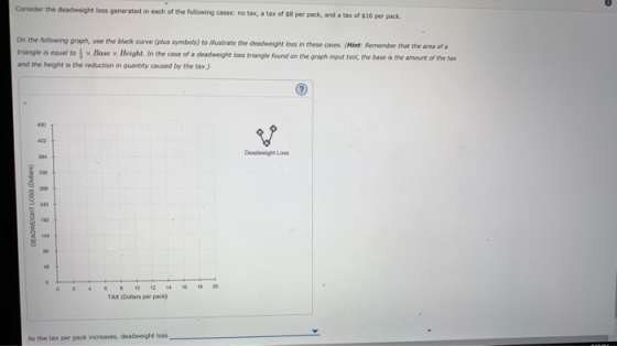 loss generated in each of the folloming cases: no tax, a tax of s8 per pack, and a tax of s16 per pack On the following graph, use the black curve (plus symbols) to imustrate the deadweight loss in these cases. (Hint: Remember that the area of a triangle is equal to × Base x Height. In the case of a deadweight loss triangle found on the and the height is the reduction in quantity caused by the tax.) graph ingut tool, the ble s the arount dee tas 336 0 2 46810 1214 16 18 TAX (Dolars per packy As the tax per pack increases, deadweight loss