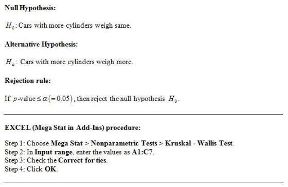 Null Hypothesis: Ho: Cars with more cylinders weigh same. Alternative Hypothesis H Cars with more cylinders weigh more. Rejec