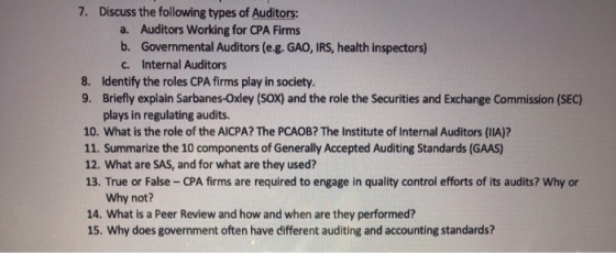 7. Discuss the following types of Auditors: a. Auditors Working for CPA Firms b. Governmental Auditors (e.g. GAO, IRS, health