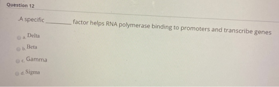 Question 12 .A specific factor helps RNA polymerase binding to promoters and transcribe genes a Delta b. Beta Gamma d. Sigma