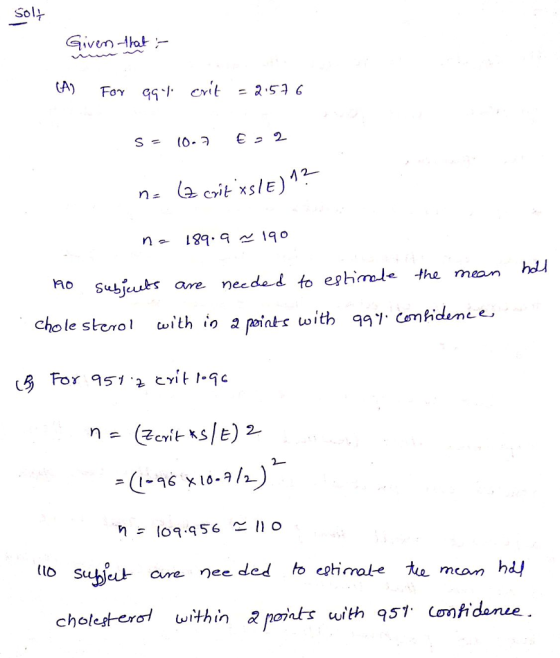 Sol 2- Ao Subjeuts are necdad to eghmade the mean hdl = 109.956 스 lo subjeur- are nee ded to estirrale ta mcan hd cholesterof within a oiats with 951 Confidanue