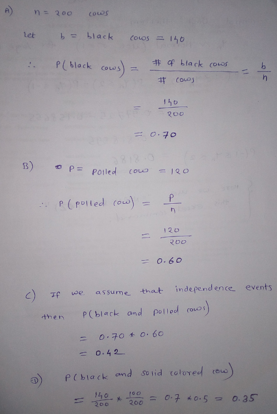 A)n 200 couDS black couos_.lho P block cowS) cf black (ows ROO O P Polle Dlled Cou 2D c) we assume that independence events then P(black and polled covos P C black and So lid tolored cow