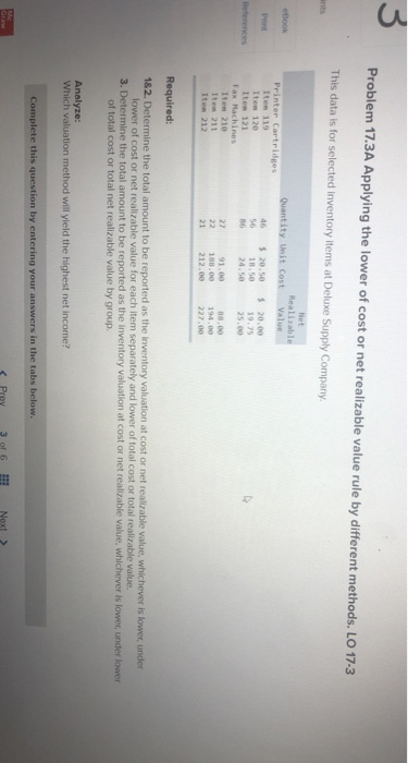 Problem 17.3A Applying the lower of cost or net realizable value rule by different methods. LO 17-3 This data is for selected