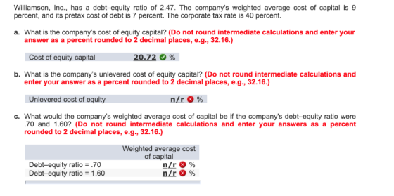 Williamson, Inc., has a debt-equity ratio of 2.47. The companys weighted average cost of capital is 9 percent, and its preta