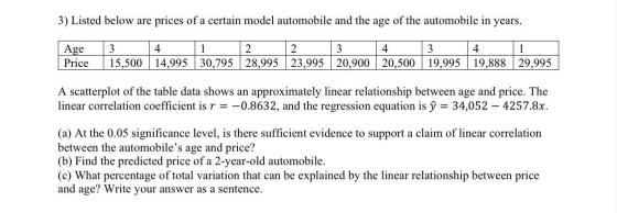 3) Listed below are prices of a certain model automobile and the age of the automobile in years. 1 1 Age Price 3 4 2 2 3 4 15