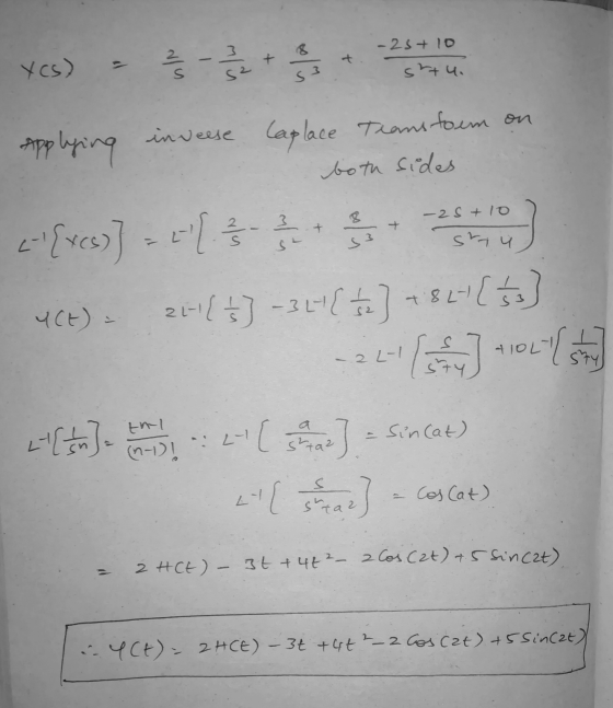 - 22 - 2/3 -25+10 shtu. Ycs) s 3 Applying - 2s +10 2- 3 + st s3 stu YCE) : inveese Caplace Transform on both sides <-{xes)] =