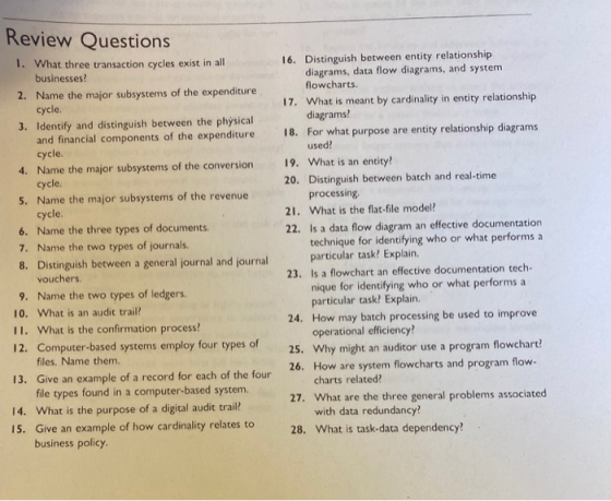 Review Questions 1. What three transaction cycles exist in all businesses? 2. Name the major subsystems of the expenditure cy