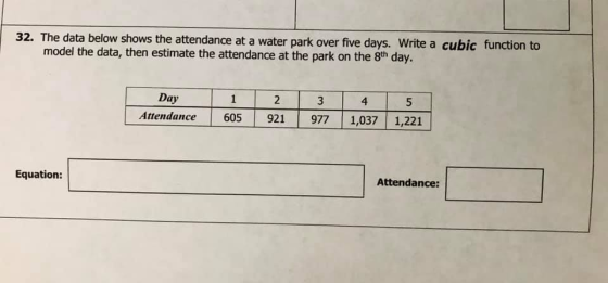 32. The data below shows the attendance at a water park over five days. Write a cubic function to model the data, then estima