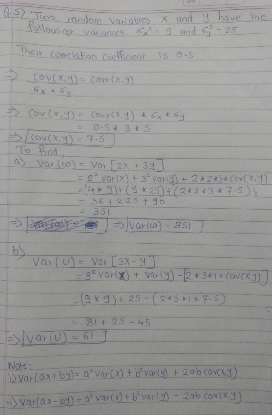 odom variables x and have the 2一つぐ Their correlation-Coep ientiso.s - - 1 cov (X,y) = 7.5 To ind 22 var (X) t 32 varty) t 2*2