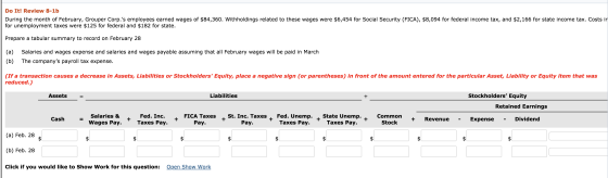 Do It! Review 8-1b During the month of February, Grouper Corp.s employees earned wages of $84,360. Withholdings related to t