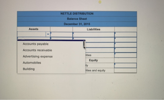 NETTLE DISTRIBUTION Balance Sheet December 31, 2015 Liabilities Assets Accounts payable Accounts receivable Advertising expen