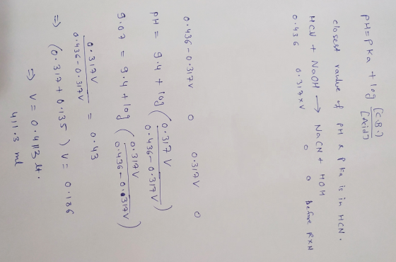 (C.B ) [Acid] PH=pkat closest raulue of PH & p ka is in HCN. Na CN & HOH o o before RXN HCN + NaOH 0.436 0.317& V 0•317V 0.43