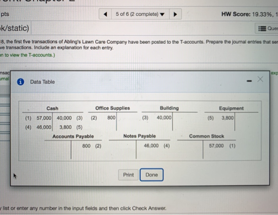 OLICO pts 5 of 6 (2 complete) ► HW Score: 19.33%, 1 k/static) = Ques 18, the first five transactions of Ablings Lawn Care Co