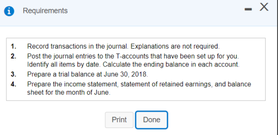 i Requirements - X 1. 2. Record transactions in the journal. Explanations are not required. Post the journal entries to the T