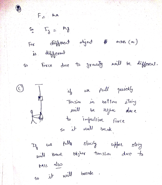 F = na mess (m) . for different object is different so . Force due to grauity will be different, 0 F . if we pull quickly . T