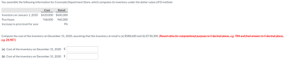 You assemble the following information for Coronado Department Store, which computes its inventory under the dollar-value LIF