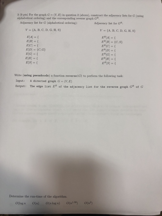 3 (9 pts) For the graph G (VE) in question 2 (above), construct the adjacency lists for G (using alphabetical ordering) and t